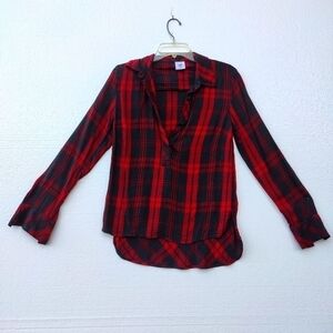 CAbi flannel shirt, Long sleeve high front low back. Red & black.Size XS